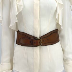 Brown Leather and Polyester Elastic High Waist Belt